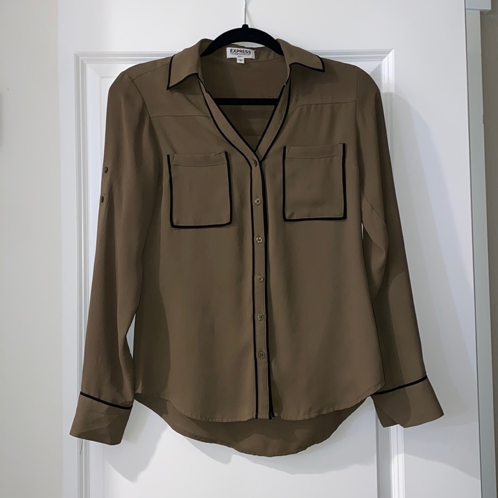 Army green EXPRESS button-up dress shirt. XS. Worn, no stains no holes no marks.